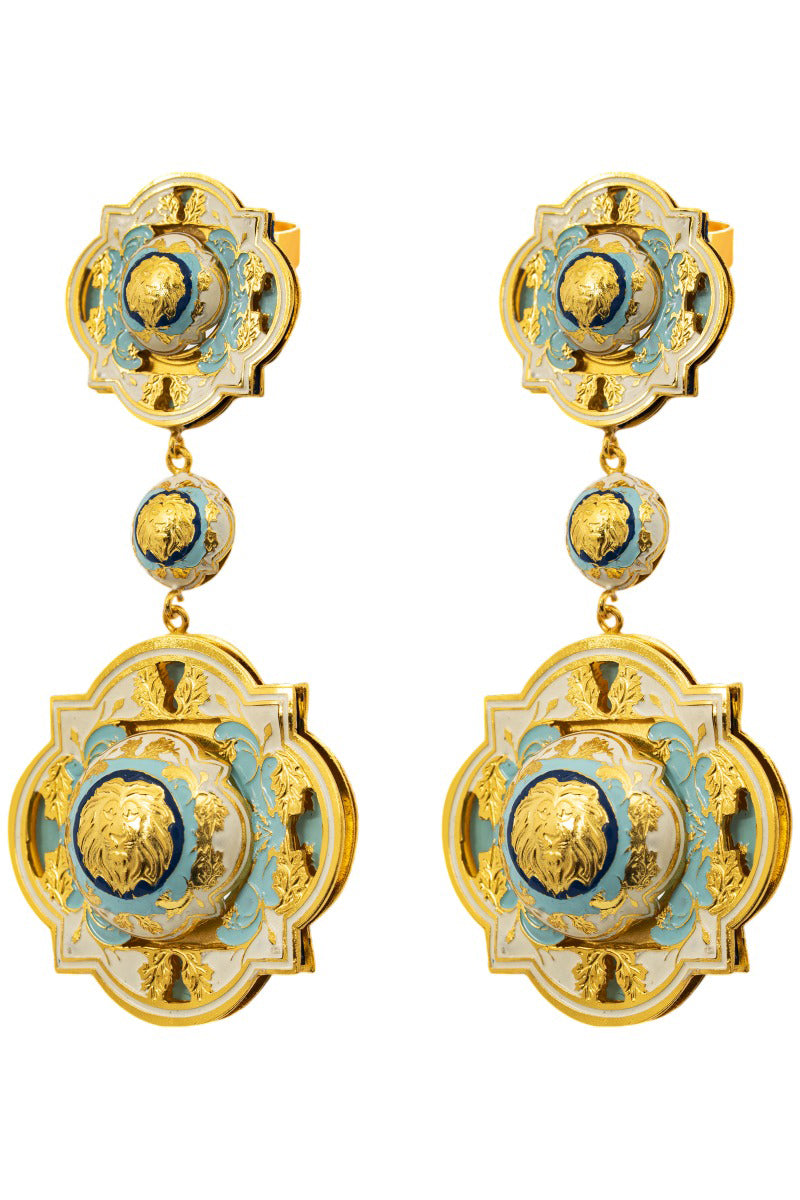 Álvaro Ávila Guardian wide drop earrings in blue with sleek, modern design and elegant gold accents.