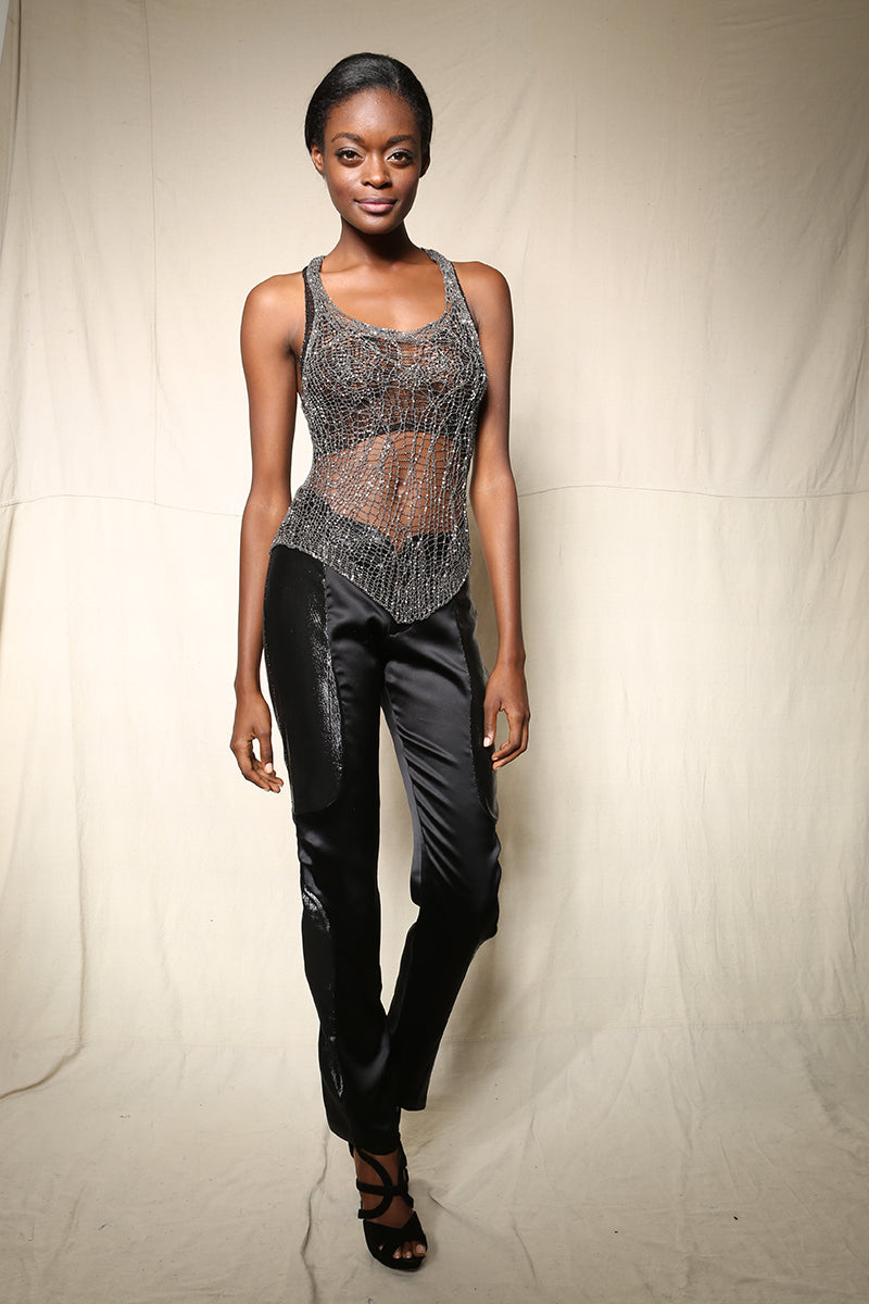 Gunmetal chain spiderweb racerback top with built-in bralette by Natalia Fedner, front view showing intricate web design and sleek fit.