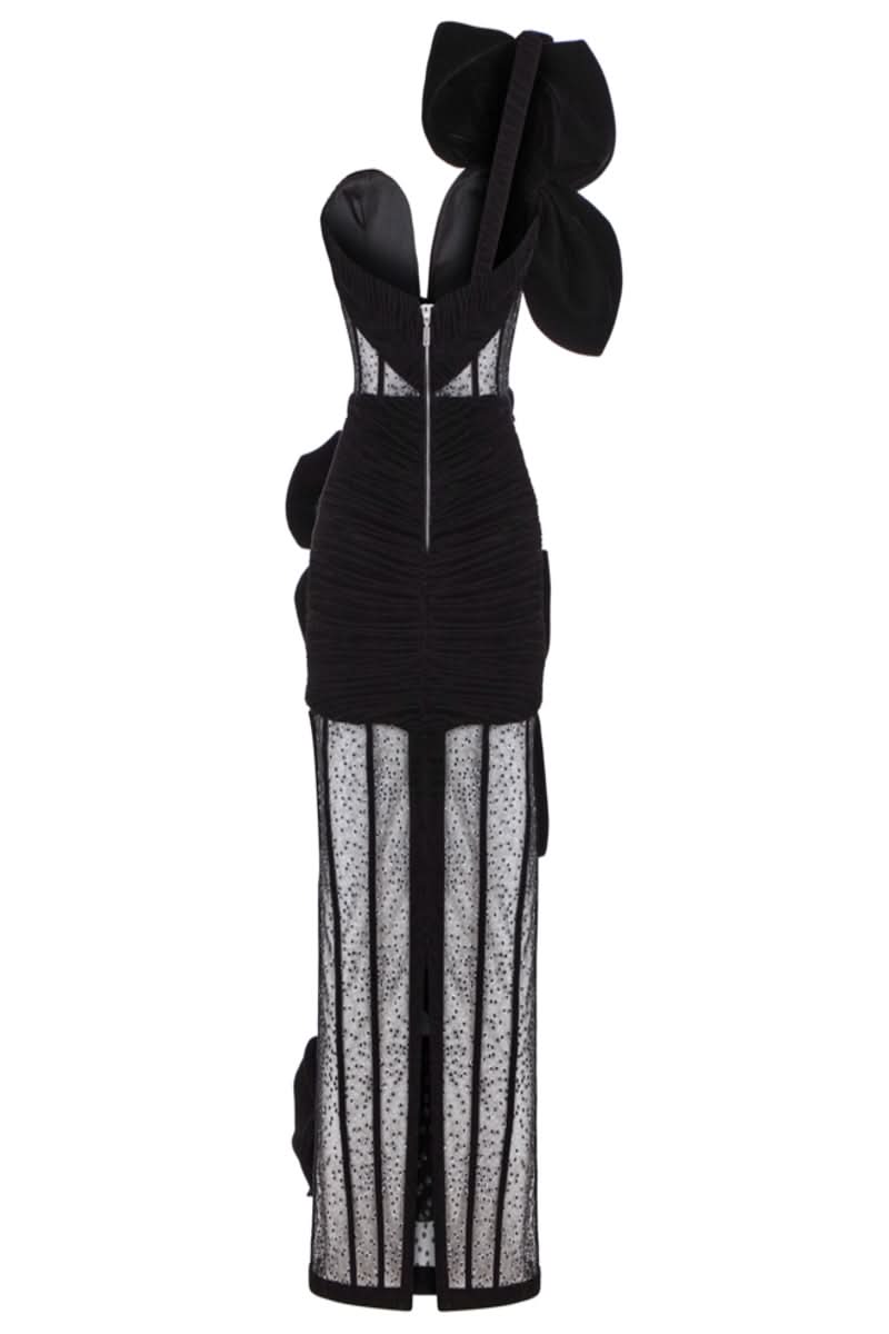 BLACK FLOWER CORSET VELVET ANKLE LENGTH DRESS - CULT MIA