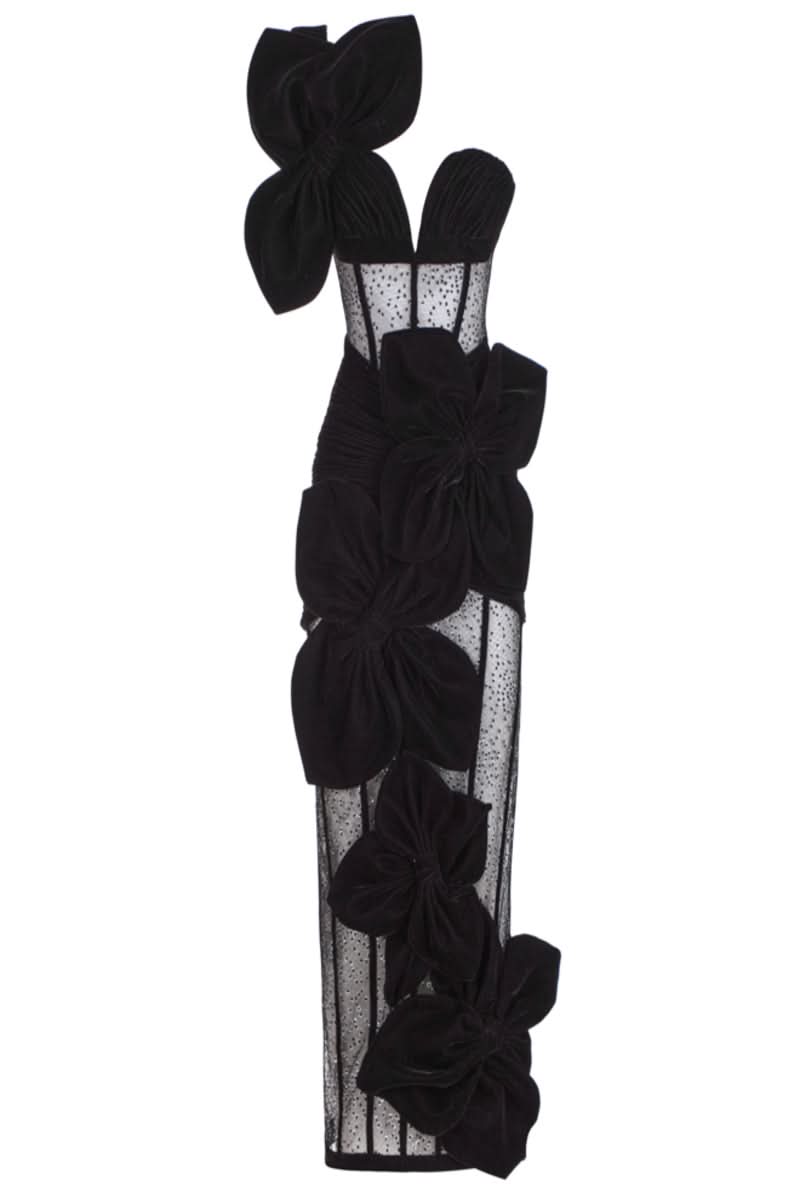 BLACK FLOWER CORSET VELVET ANKLE LENGTH DRESS - CULT MIA