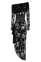 Black velvet blend off-shoulder lace midi dress by Haleia, showing the back detail and elegant fit.