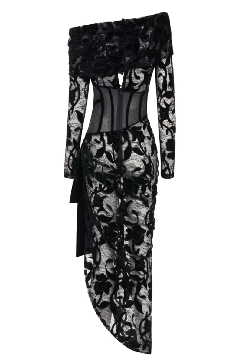 Black velvet blend off-shoulder lace midi dress by Haleia, showing the back detail and elegant fit.