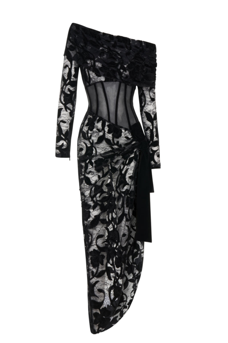 BLACK VELVET BLEND OFF SHOULDER LACE MIDI DRESS | CULT MIA | HALEIA BLACK VELVET BLEND OFF SHOULDER LACE MIDI DRESS | CULT MIA | HALEIA