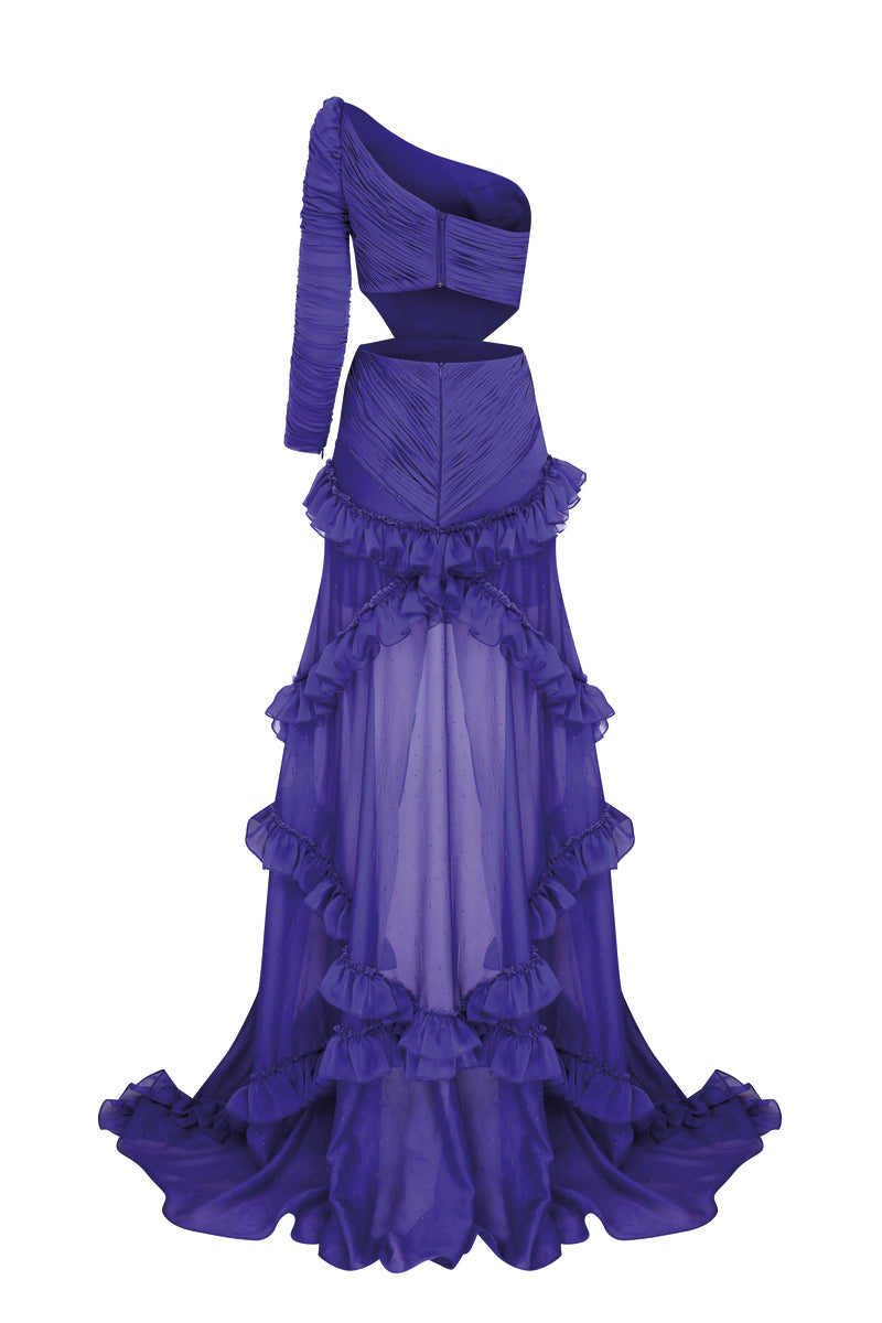 PURPLE STONE PRINTED MAXI DRESS WITH ASYMMETRIC NECKLINE - CULT MIA