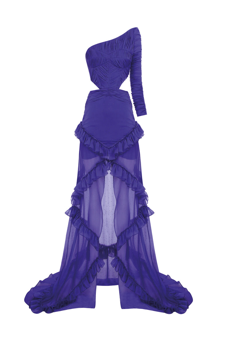 PURPLE STONE PRINTED MAXI DRESS WITH ASYMMETRIC NECKLINE - CULT MIA