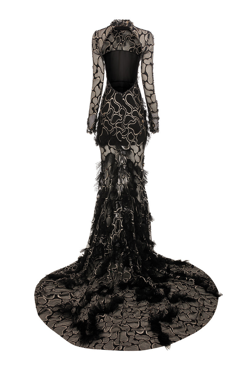 BLACK EMBROIDERED LONG TAIL MAXI DRESS WITH OPEN BACK - CULT MIA