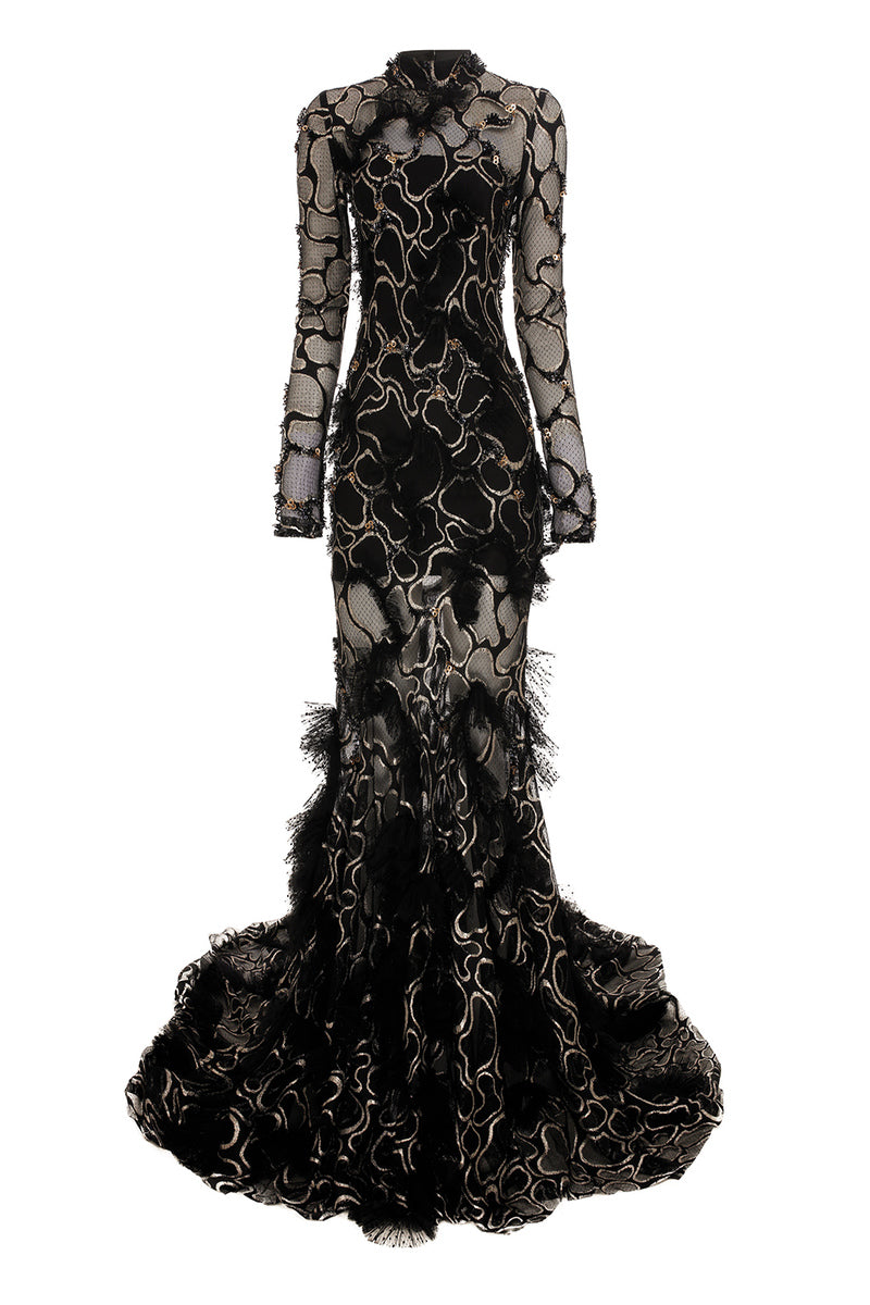 BLACK EMBROIDERED LONG TAIL MAXI DRESS WITH OPEN BACK - CULT MIA