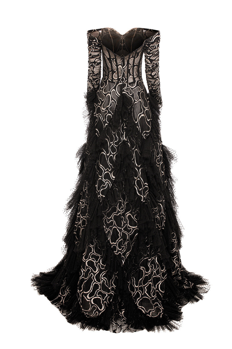 BLACK MAXI PRINCESS DRESS WITH FRILL DETAILS - CULT MIA