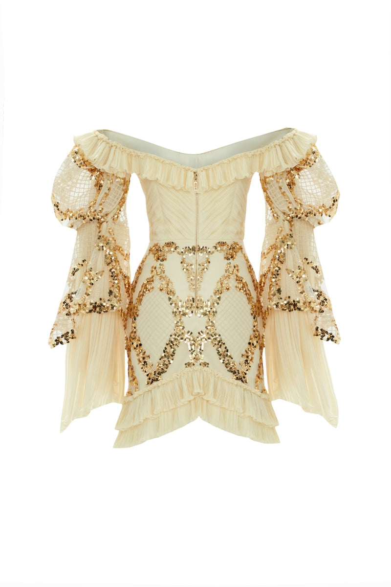 GOLD SEQUINED PUFF SLEEVE MINI DRESS IN ECRU - CULT MIA