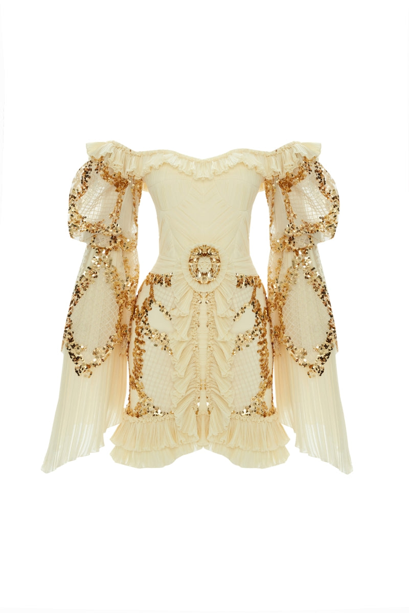 GOLD SEQUINED PUFF SLEEVE MINI DRESS IN ECRU