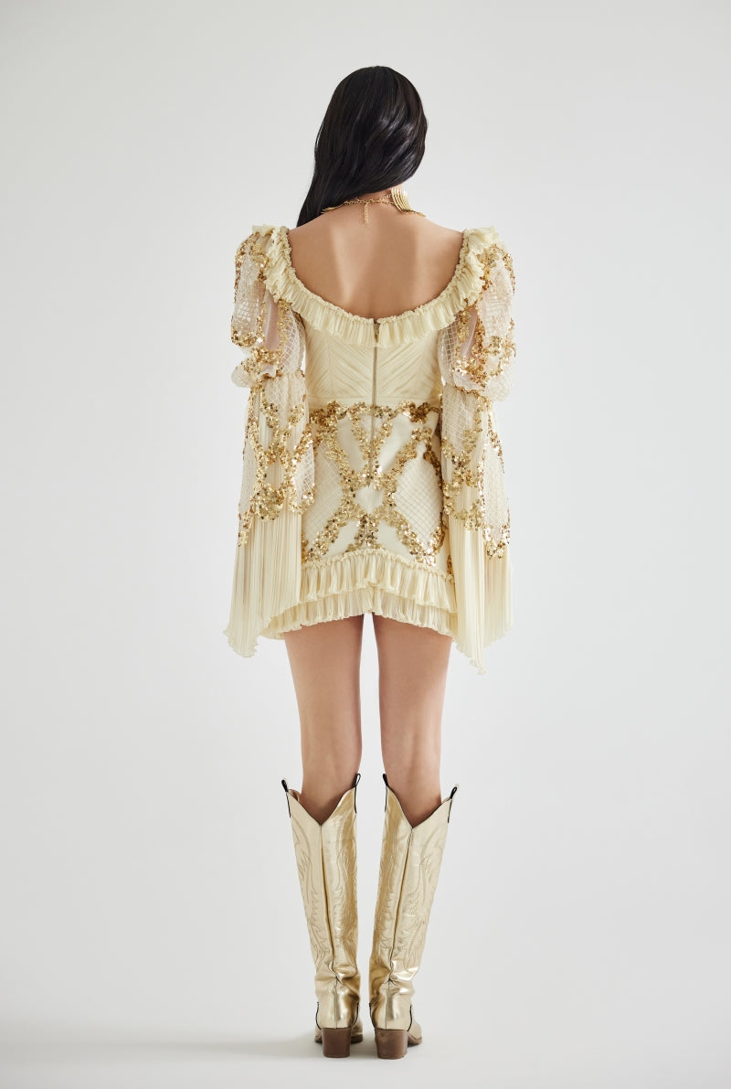 HALEIA GOLD SEQUINED PUFF SLEEVE MINI DRESS IN ECRU | Cult Mia HALEIA GOLD SEQUINED PUFF SLEEVE MINI DRESS IN ECRU | Cult Mia