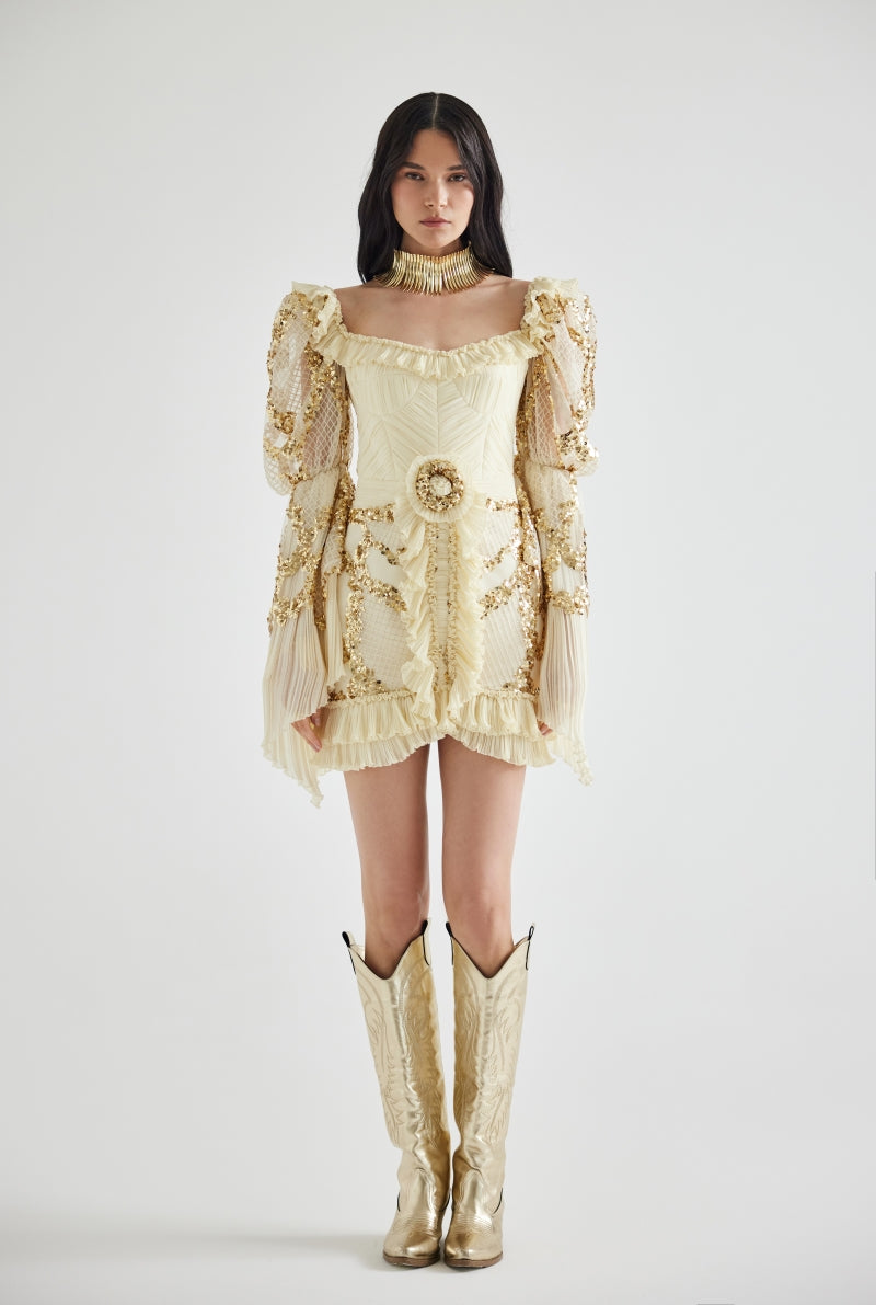HALEIA GOLD SEQUINED PUFF SLEEVE MINI DRESS IN ECRU | Cult Mia HALEIA GOLD SEQUINED PUFF SLEEVE MINI DRESS IN ECRU | Cult Mia