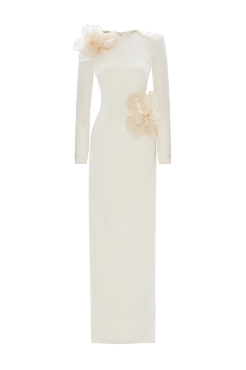 3D SEQUINED FLORAL DETAILED MIDI DRESS IN ECRU - CULT MIA