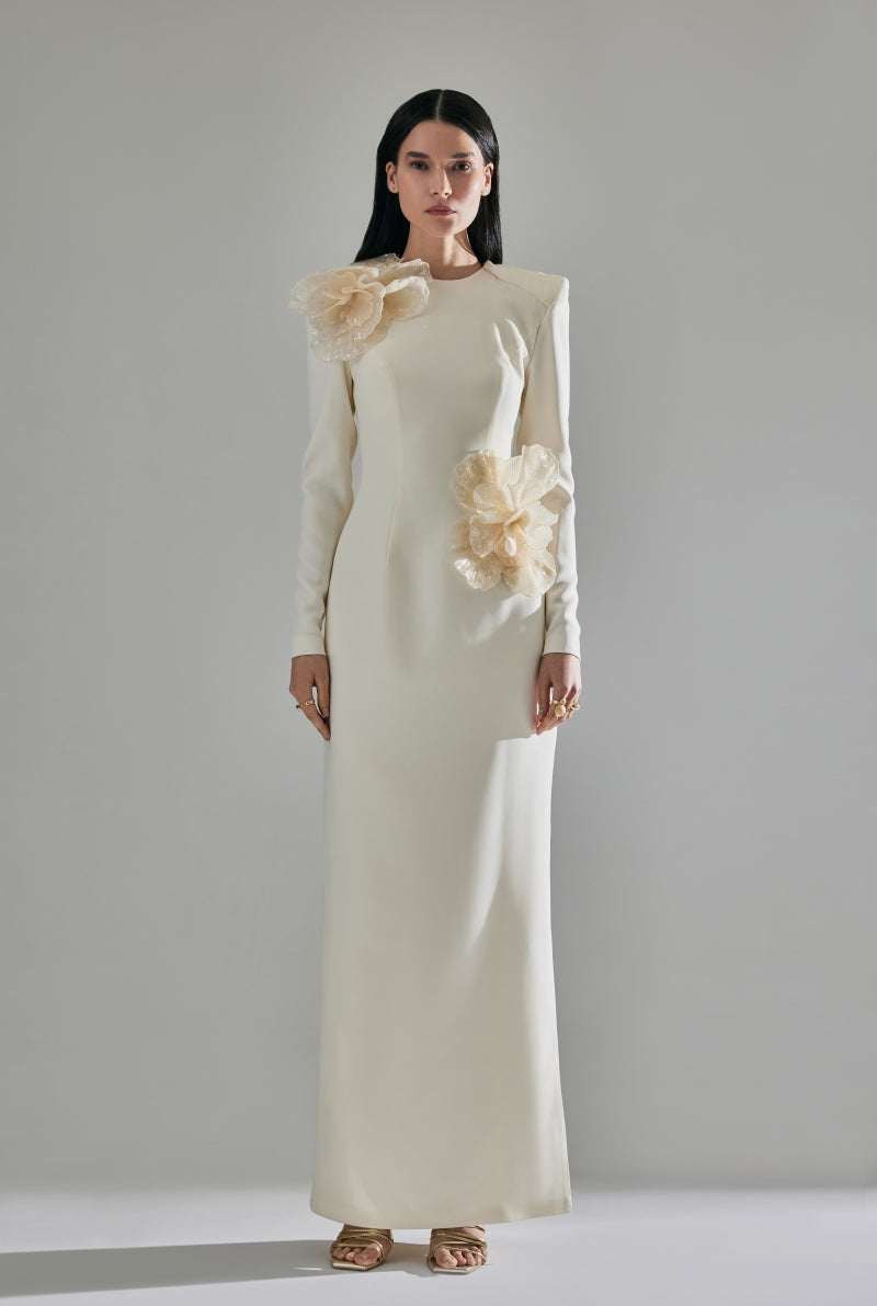 3D SEQUINED FLORAL DETAILED MIDI DRESS IN ECRU - CULT MIA