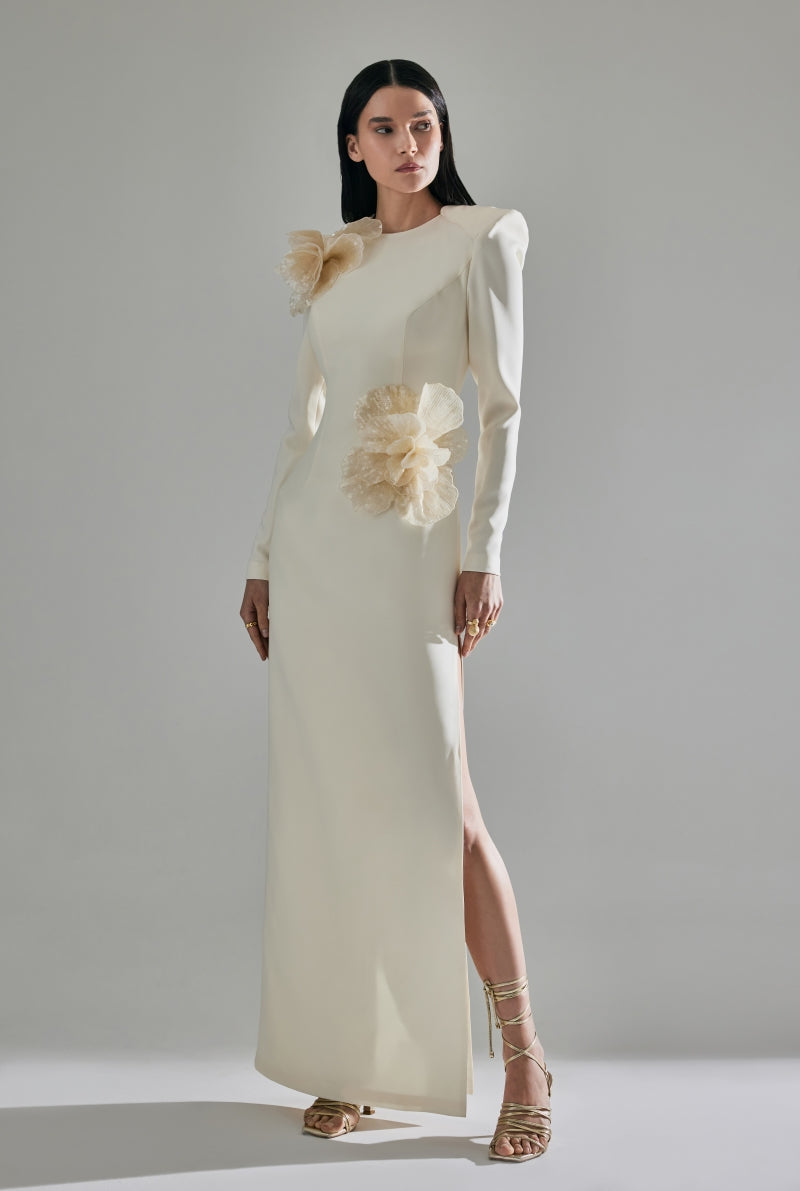 3D SEQUINED FLORAL DETAILED MIDI DRESS IN ECRU - CULT MIA