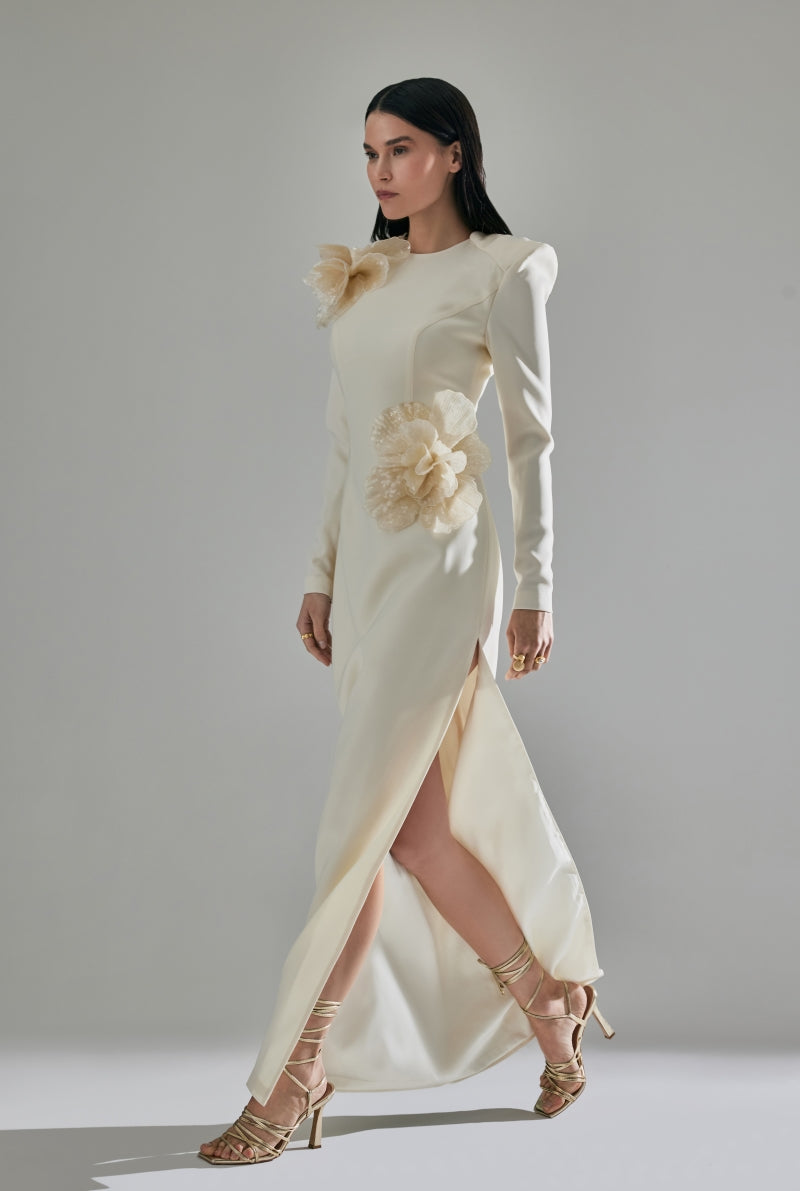 3D SEQUINED FLORAL DETAILED MIDI DRESS IN ECRU - CULT MIA