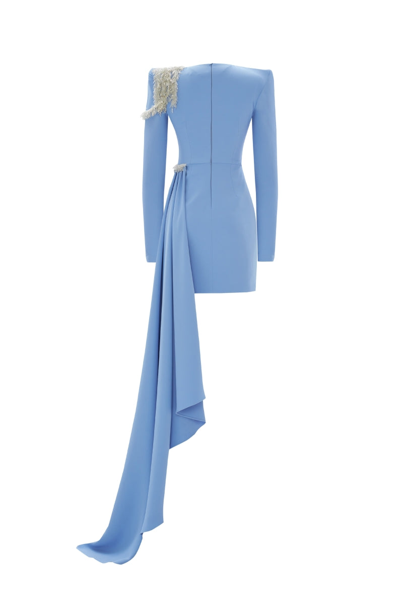 ASYMMETRIC EMBROIDERED MINI DRESS IN BLUE - CULT MIA