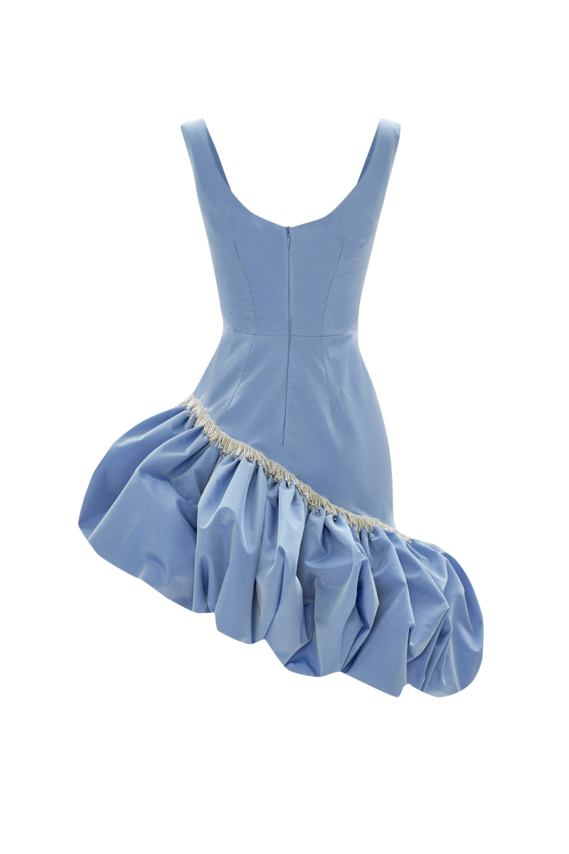 ASYMMETRICAL EMBROIDERED TAFFETA MINI DRESS IN BLUE - CULT MIA
