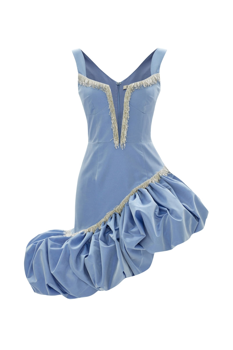 ASYMMETRICAL EMBROIDERED TAFFETA MINI DRESS IN BLUE - CULT MIA
