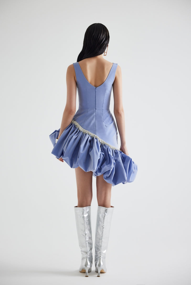 ASYMMETRICAL EMBROIDERED TAFFETA MINI DRESS IN BLUE - CULT MIA