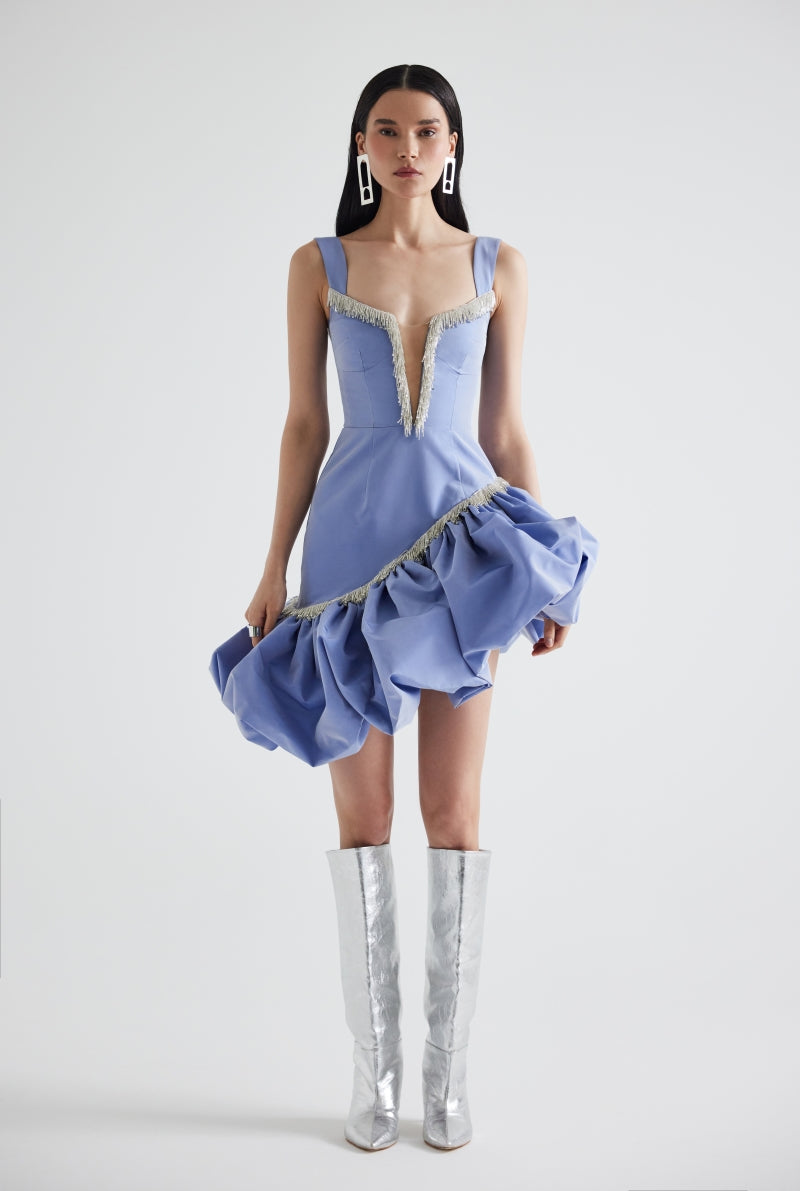 ASYMMETRICAL EMBROIDERED TAFFETA MINI DRESS IN BLUE - CULT MIA