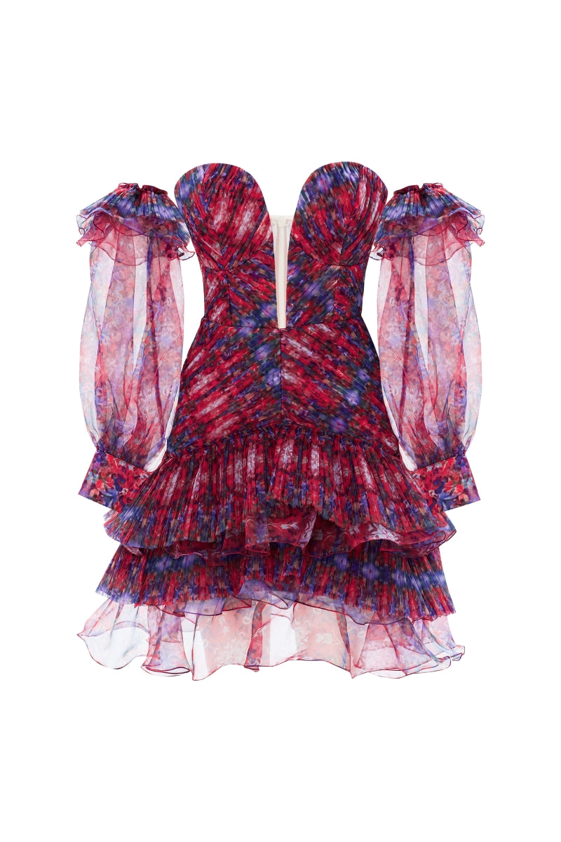 DRAPED PUFFED SLEEVES PATTERNED MINI DRESS IN BURGUNDY - CULT MIA