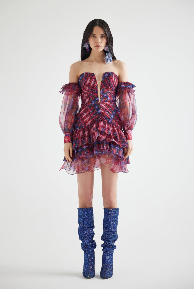 DRAPED PUFFED SLEEVES PATTERNED MINI DRESS IN BURGUNDY - CULT MIA