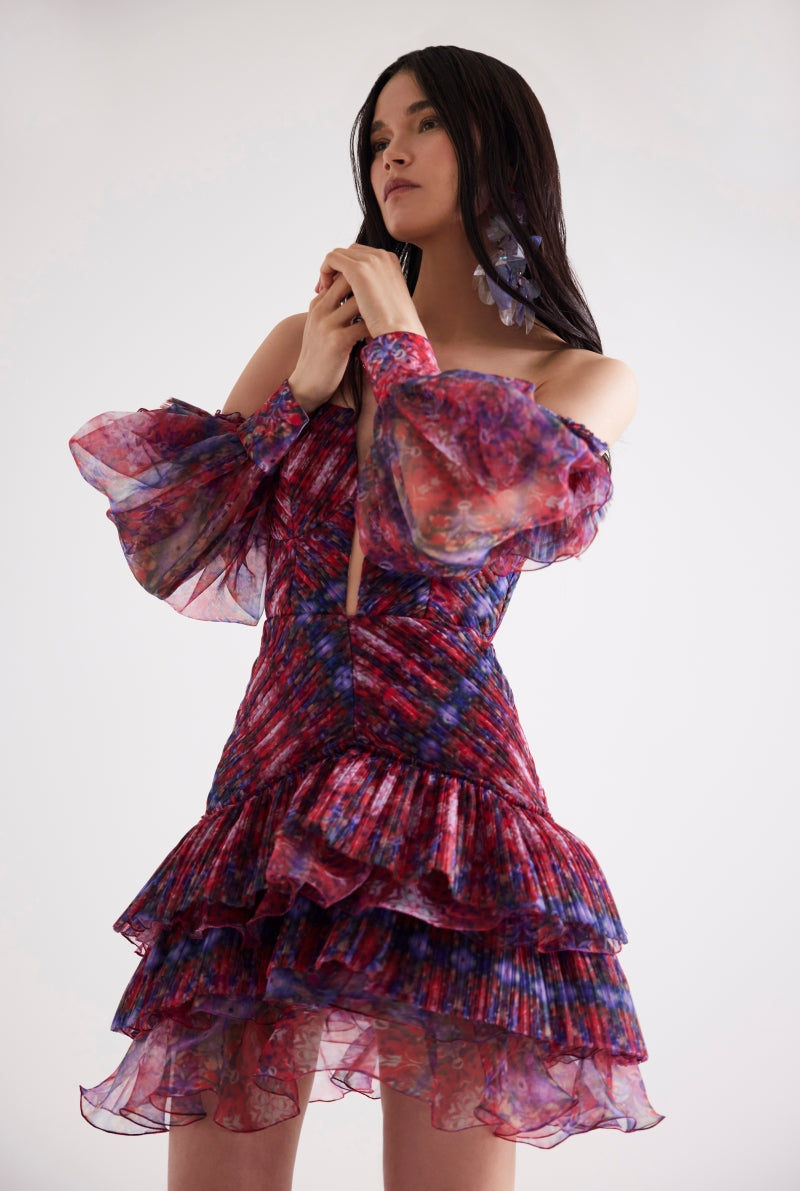DRAPED PUFFED SLEEVES PATTERNED MINI DRESS IN BURGUNDY - CULT MIA