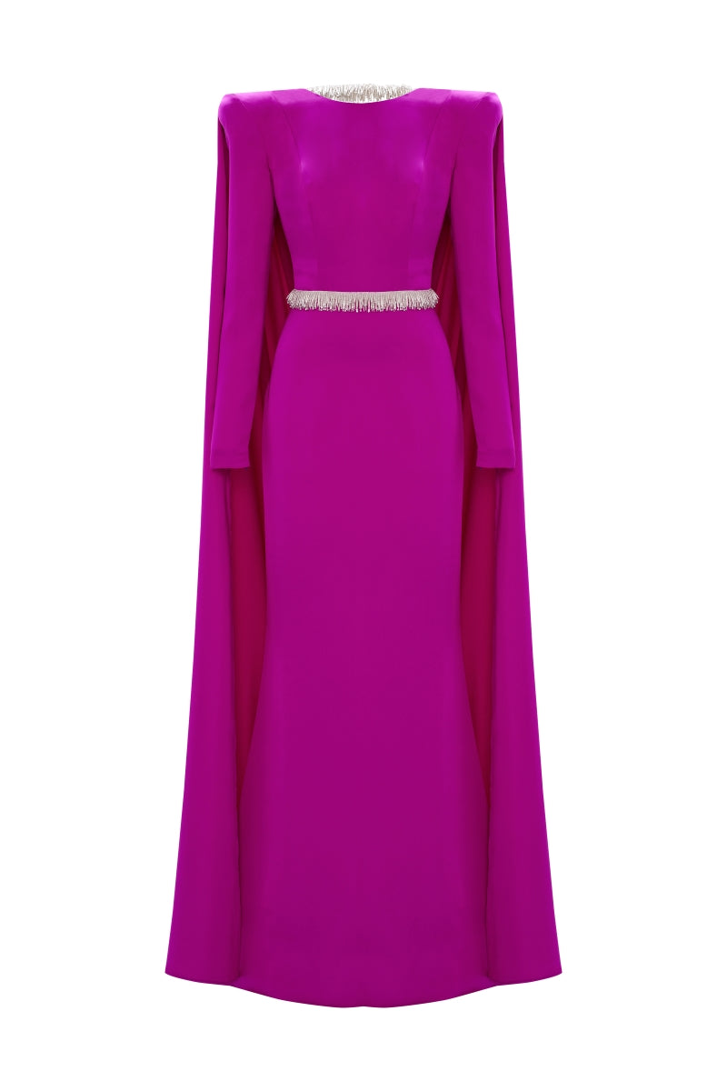 EMBROIDERED BACKLESS CAPE MAXI DRESS IN FUCHSIA PURPLE - CULT MIA