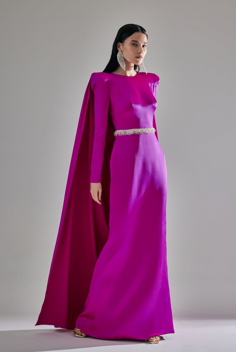 EMBROIDERED BACKLESS CAPE MAXI DRESS IN FUCHSIA PURPLE - CULT MIA