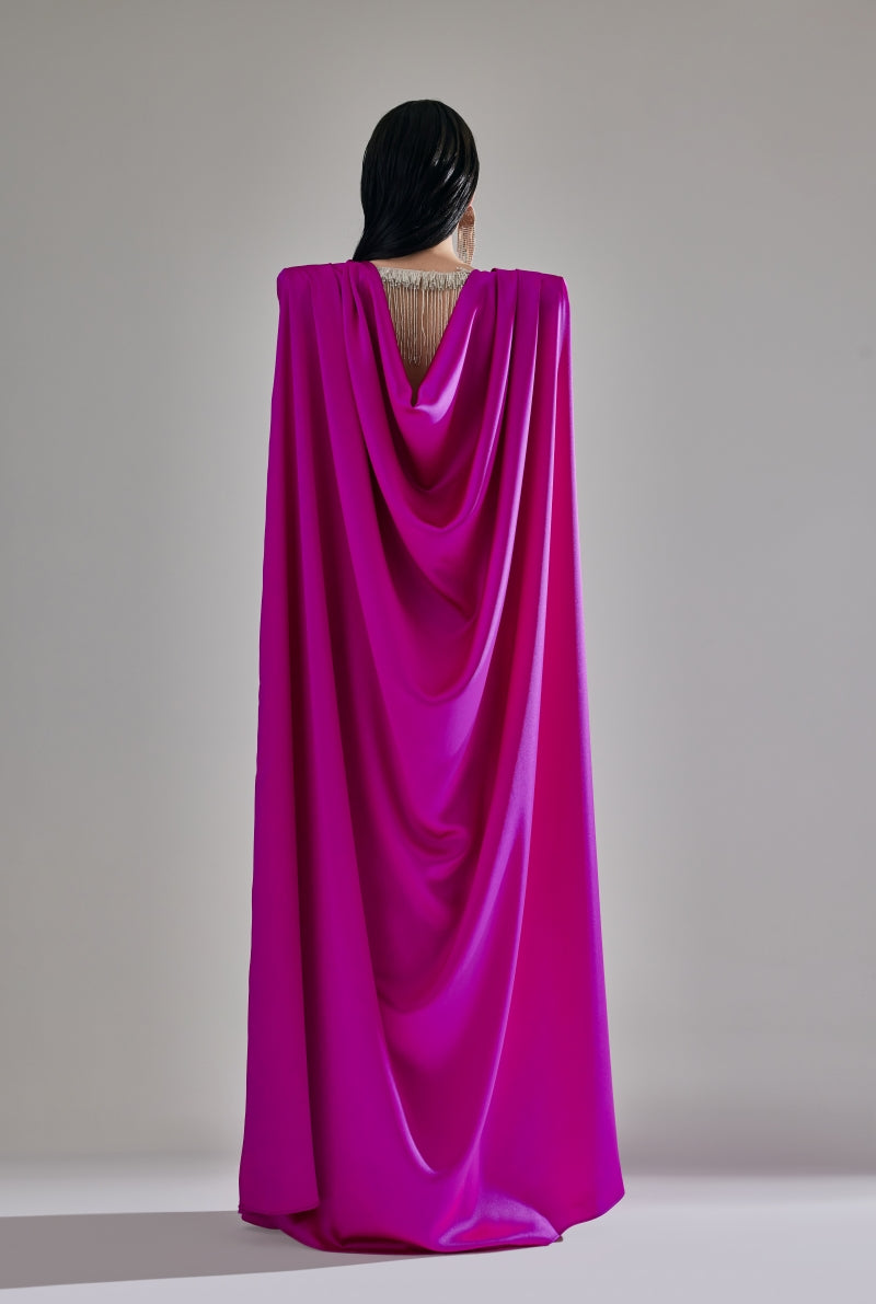 EMBROIDERED BACKLESS CAPE MAXI DRESS IN FUCHSIA PURPLE - CULT MIA