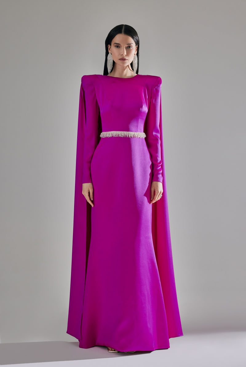 EMBROIDERED BACKLESS CAPE MAXI DRESS IN FUCHSIA PURPLE - CULT MIA