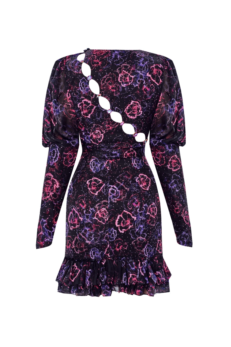 ASYMMETRIC STONE PRINTED FLORAL PATTERNED MINI DRESS IN PURPLE FLORAL - CULT MIA