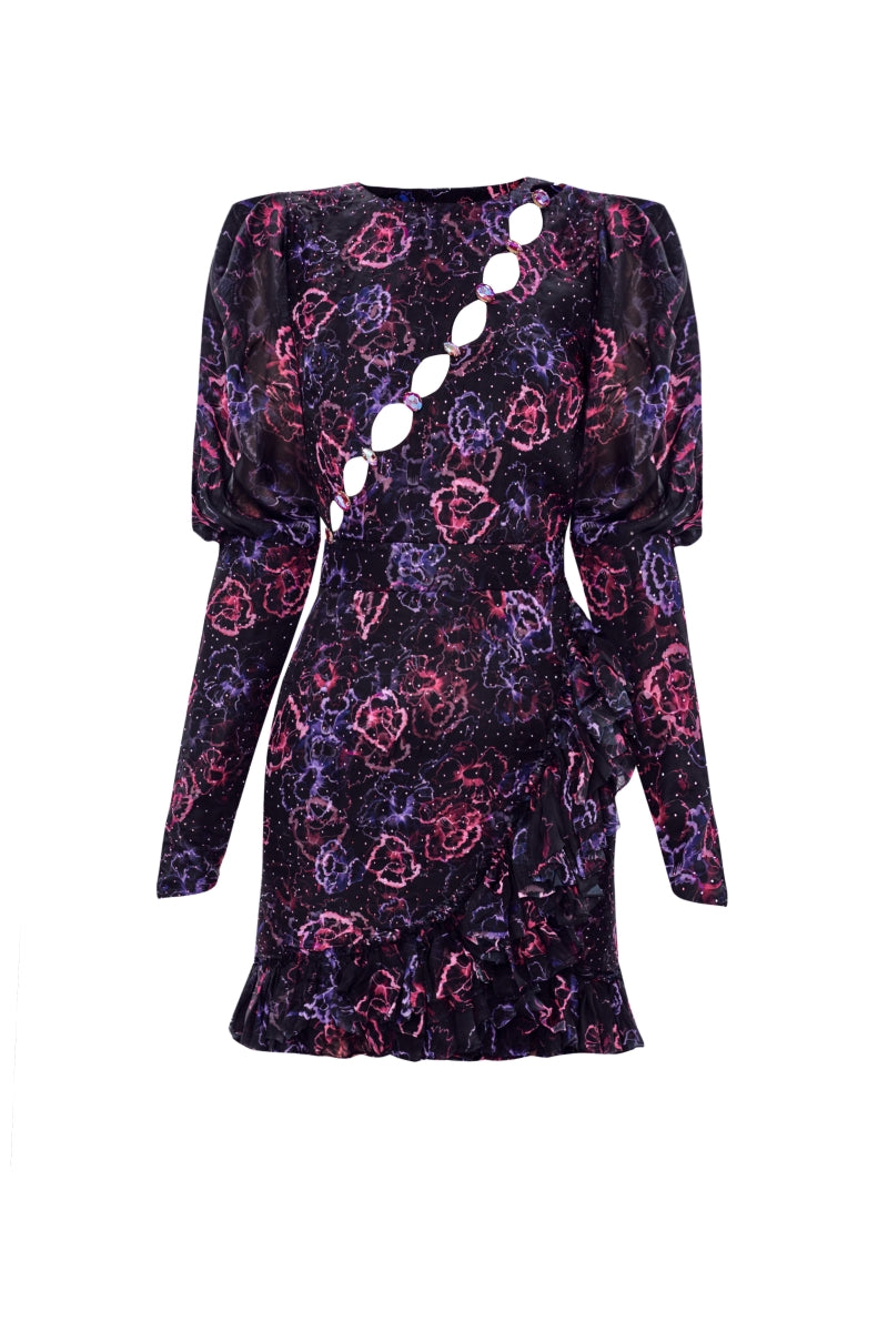 ASYMMETRIC STONE PRINTED FLORAL PATTERNED MINI DRESS IN PURPLE FLORAL - CULT MIA