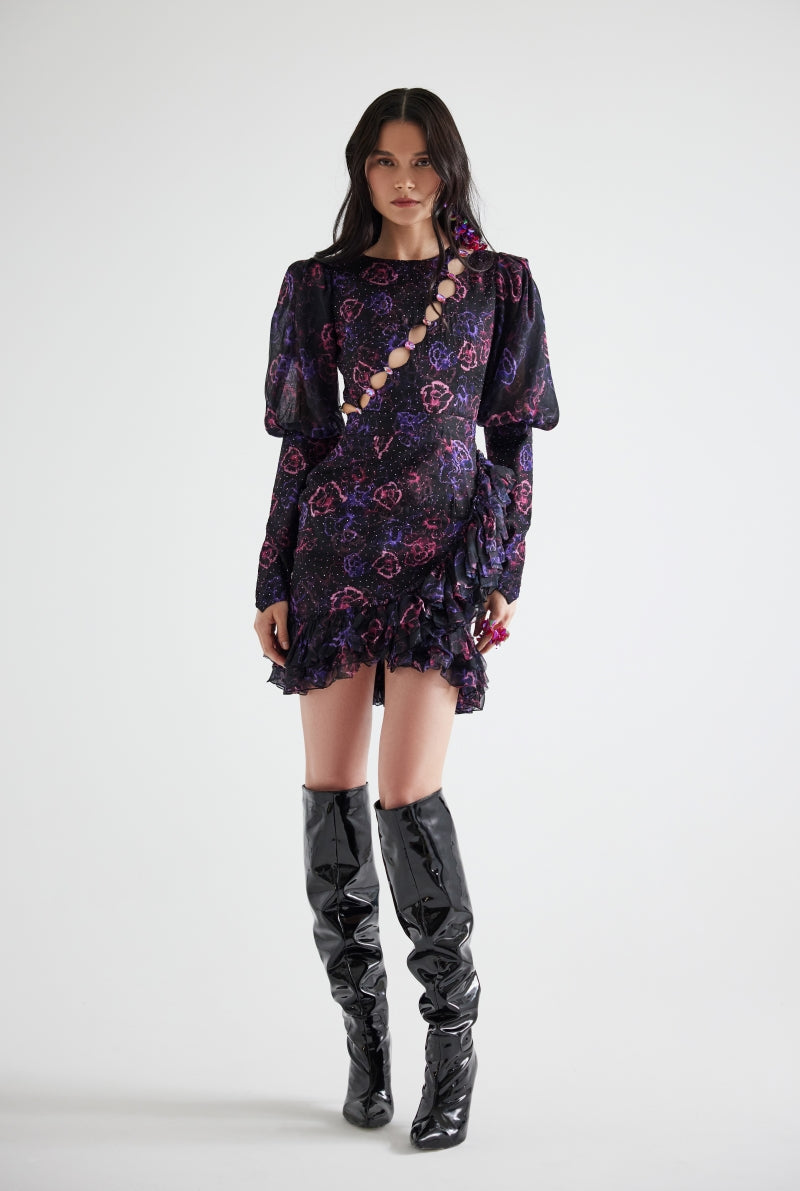 ASYMMETRIC STONE PRINTED FLORAL PATTERNED MINI DRESS IN PURPLE FLORAL - CULT MIA