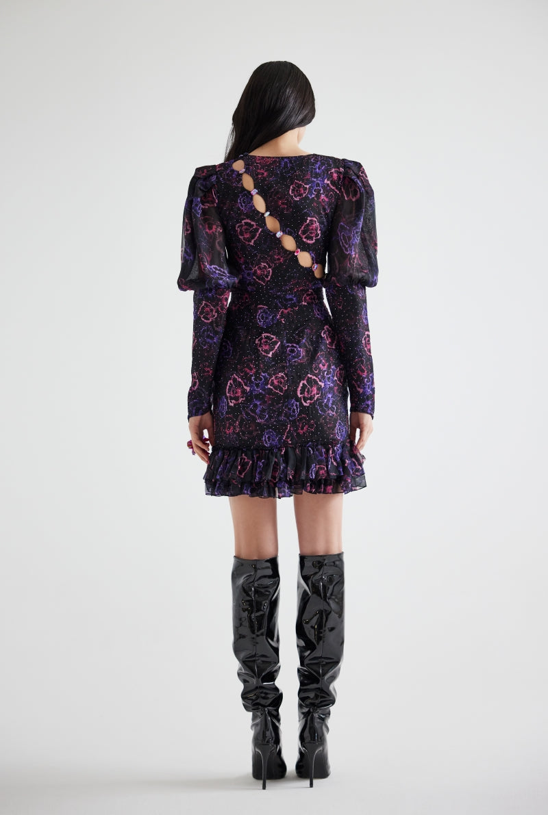 ASYMMETRIC STONE PRINTED FLORAL PATTERNED MINI DRESS IN PURPLE FLORAL - CULT MIA