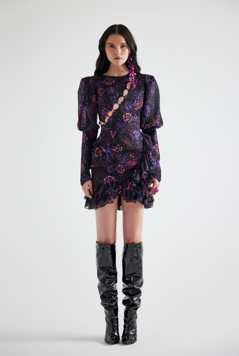ASYMMETRIC STONE PRINTED FLORAL PATTERNED MINI DRESS IN PURPLE FLORAL - CULT MIA