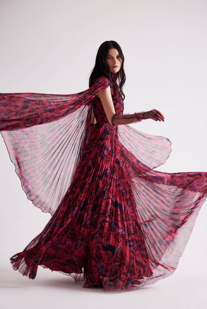 BUST DETAILED DRAPED FLORAL PATTERN MAXI DRESS IN FUCHSIA FLORAL - CULT MIA