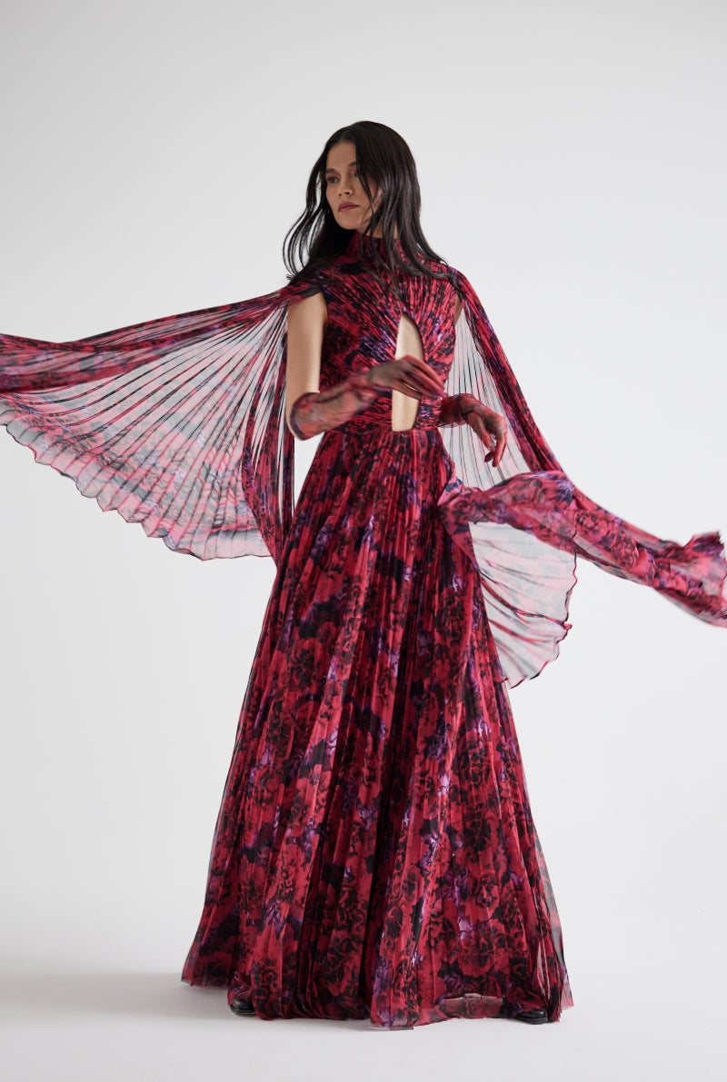 BUST DETAILED DRAPED FLORAL PATTERN MAXI DRESS IN FUCHSIA FLORAL - CULT MIA