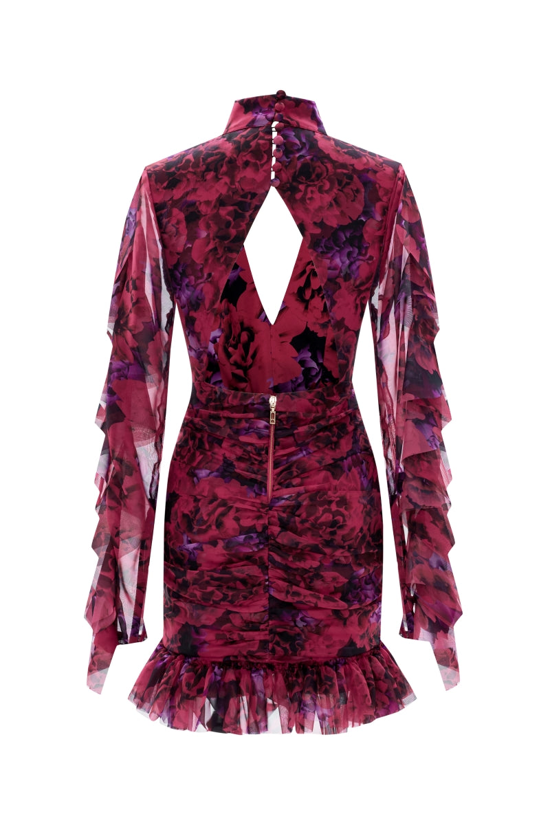 RUFFLED FLORAL PATTERNED MINI DRESS IN FUCHSIA FLORAL - CULT MIA
