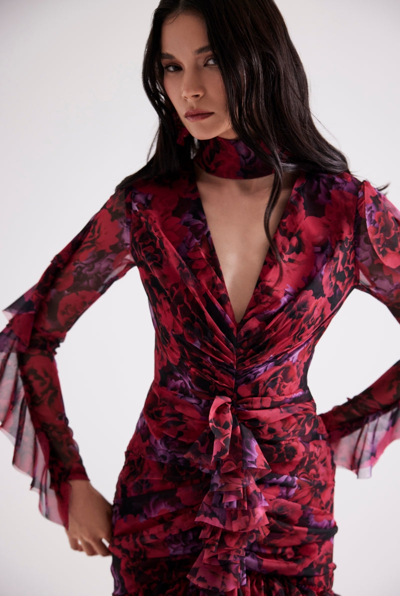 RUFFLED FLORAL PATTERNED MINI DRESS IN FUCHSIA FLORAL - CULT MIA