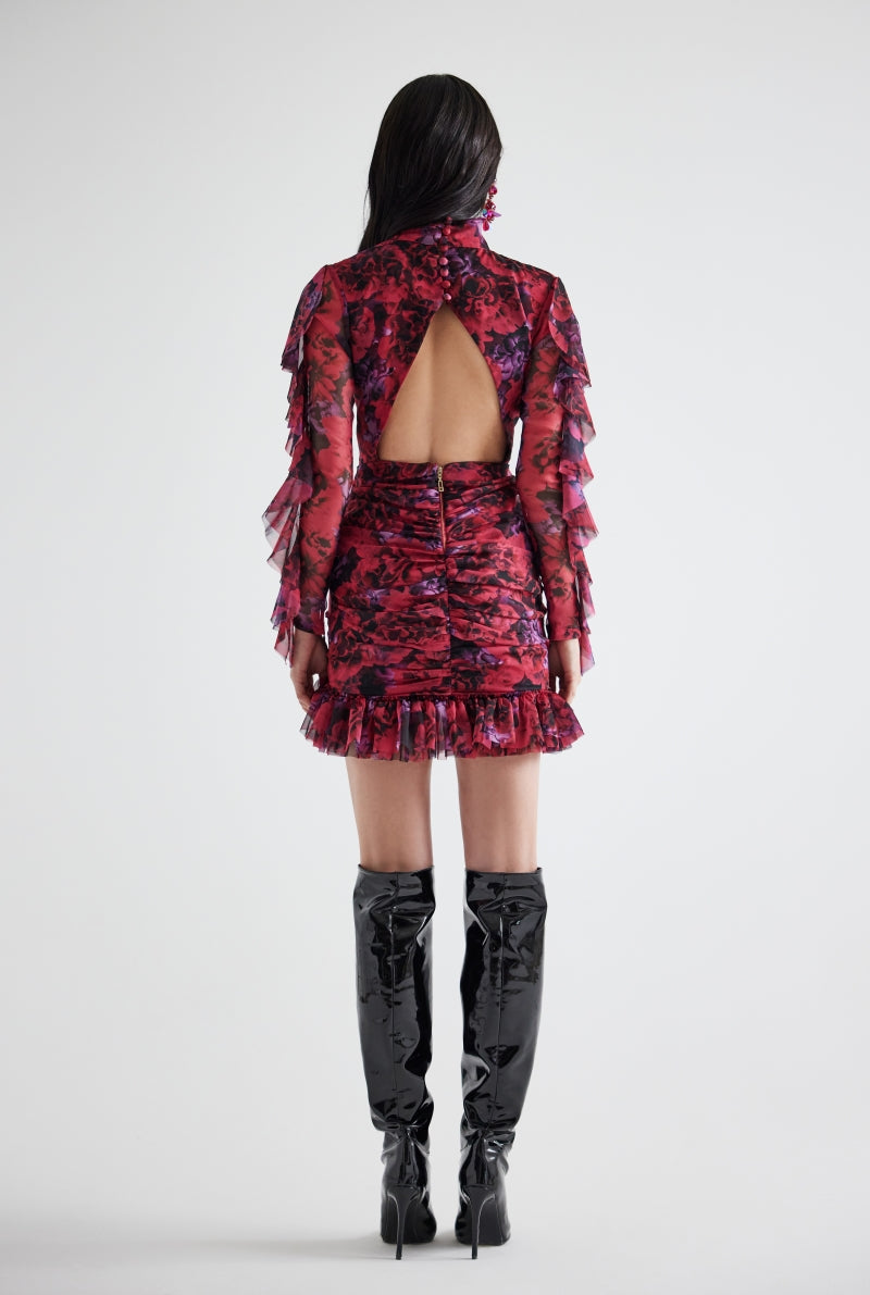 RUFFLED FLORAL PATTERNED MINI DRESS IN FUCHSIA FLORAL - CULT MIA