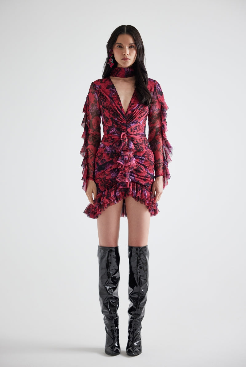 RUFFLED FLORAL PATTERNED MINI DRESS IN FUCHSIA FLORAL - CULT MIA