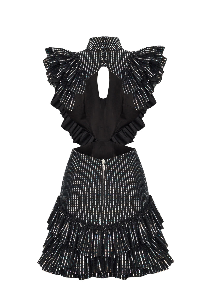 BUST DETAILED RUFFLED HOLOGRAM PRINTED MINI DRESS IN BLACK - CULT MIA