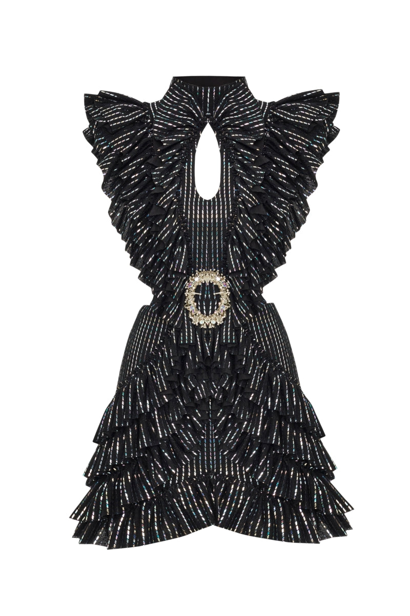 BUST DETAILED RUFFLED HOLOGRAM PRINTED MINI DRESS IN BLACK - CULT MIA