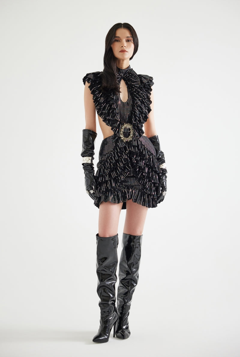 BUST DETAILED RUFFLED HOLOGRAM PRINTED MINI DRESS IN BLACK - CULT MIA