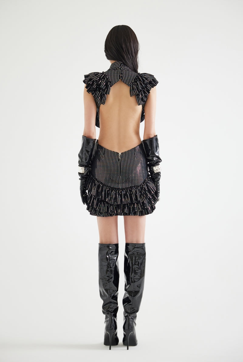 BUST DETAILED RUFFLED HOLOGRAM PRINTED MINI DRESS IN BLACK - CULT MIA