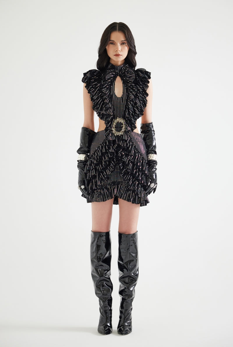 BUST DETAILED RUFFLED HOLOGRAM PRINTED MINI DRESS IN BLACK - CULT MIA