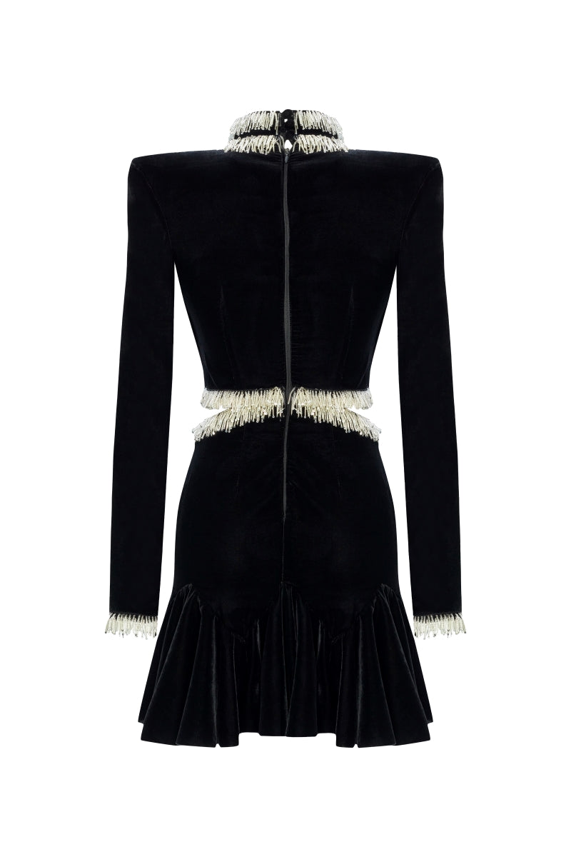BEAD-EMBELLISHED VELVET MINI DRESS IN BLACK | CULT MIA | HALEIA BEAD-EMBELLISHED VELVET MINI DRESS IN BLACK | CULT MIA | HALEIA