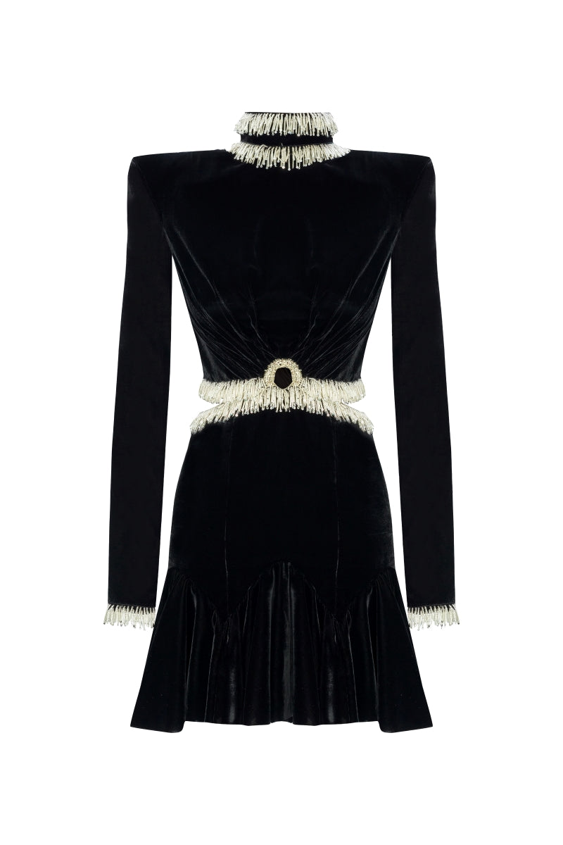 BEAD-EMBELLISHED VELVET MINI DRESS IN BLACK - CULT MIA